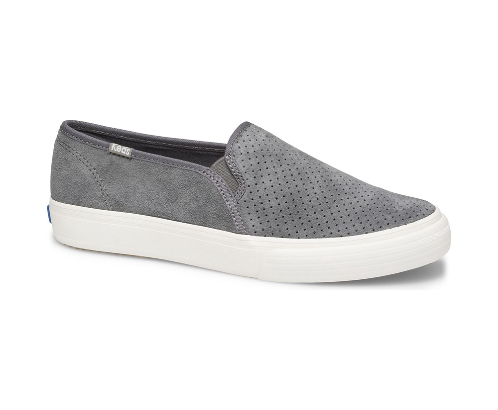 Womens Keds Slip Ons - Double Decker Perf Suede - Grey - 5384-SUVEC